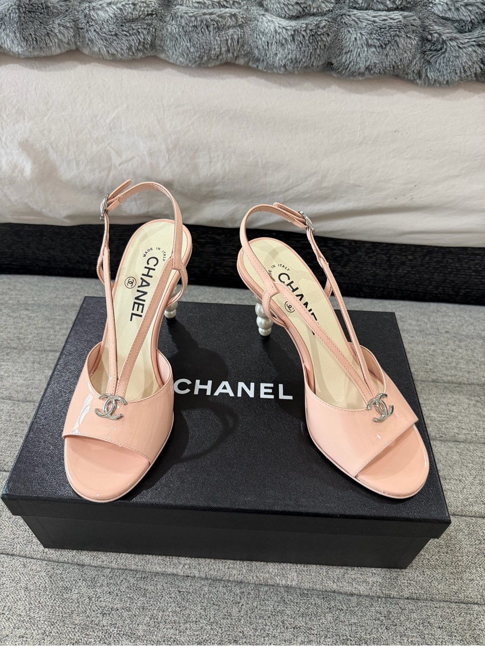 CHANEL Blush Patent Leather Slingback Heels with Pearl Detail